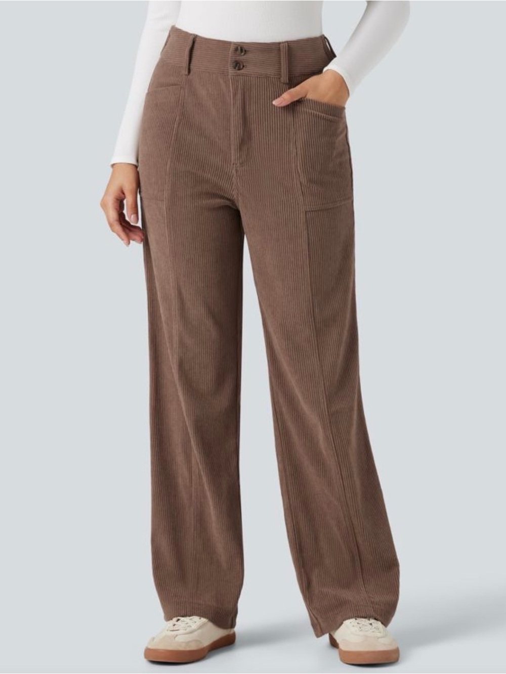 High Waisted Corduroy Casual Straight Leg Pants with Pockets